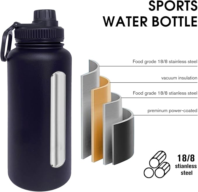 32oz Insulated Water Bottle ,Stainless Steel Sports Water Cup Flask with 2 Lids, Wide Mouth Travel Thermal Mug,Outdoor Sports Bottle(Blue Black)