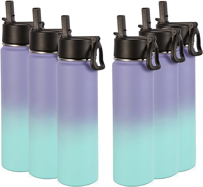 Volhoply 24oz Insulated Water Bottle With Straw Bulk 6 Pack,Metal Wide Mouth Water Bottles With Handle Keep Cold,Reusable Double Wall Thermos,Powder Coated Sport Bottle For Holder(Purple Blue,6 Count)