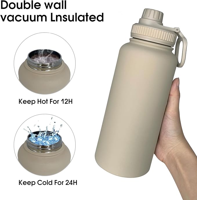 32oz Insulated Water Bottle ,Stainless Steel Sports Water Cup Flask with 2 Lids, Wide Mouth Travel Thermal Mug,Outdoor Sports Bottle(Cream apricot)