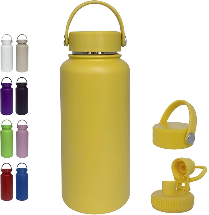 32oz Insulated Water Bottle ,Stainless Steel Sports Water Cup Flask with 2 Lids, Wide Mouth Travel Thermal Mug,Outdoor Sports Bottle(Mango yellow)