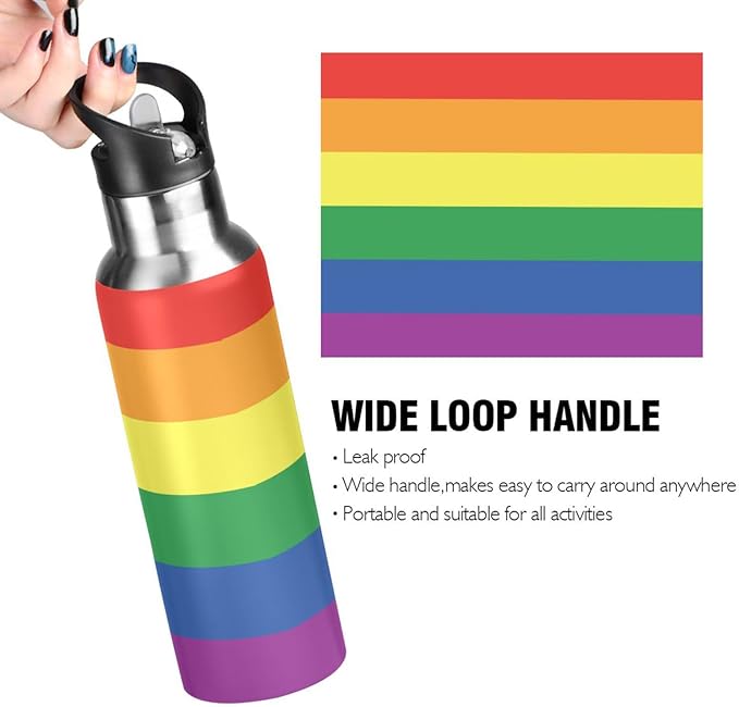 20oz Gay LGBT Rainbow Pride Flag Sports Water Bottle,Double Wall Vacuum Insulated Stainless Steel Lesbian Water Bottle with Straw Keeps Hot& Cold, Bike Running Travel Pride Day Month Gifts