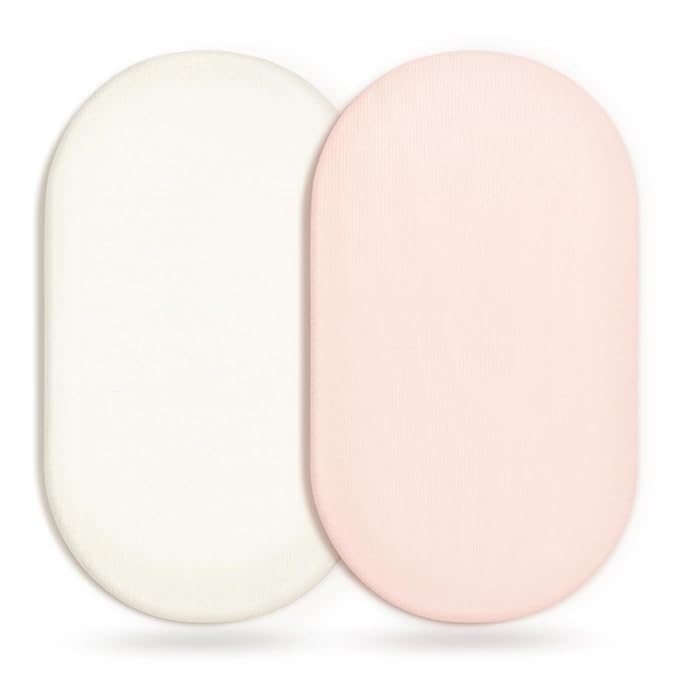 GRSSDER Stretchy Ultra Soft Fitted Bassinet Sheet 2 Pack, Universal Fit for Bassinets Baby Cradle Moses Basket Oval Rectangle Mattress Safe and Snug, Jersey Bassinet Sheets for Girls, Cream/Pink