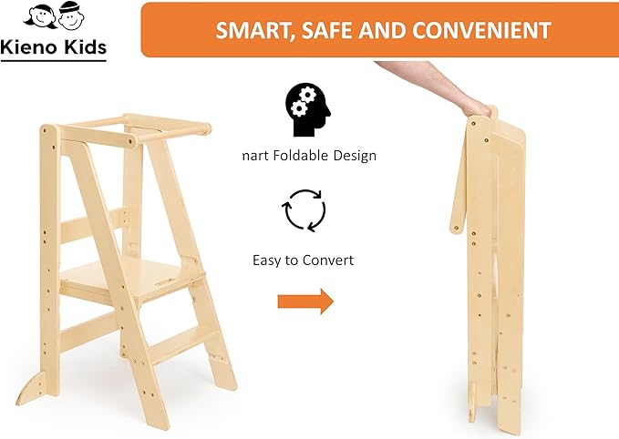 Foldable Kitchen Stool for Kids - Foldable Toddler Tower, Kitchen Stool for Toddlers, Toddler Standing Tower, Toddler Tower, Kids Stool (Wood Color)