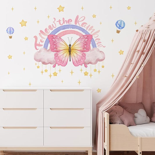 Gorgeous Pink Butterflies Wall Stickers, Art Butterfly Wall DecalsHot Air Balloon Stars Removable Vinyl Peel and Stick for Living Room Bedroom Children's Room Nursery Playroom Decorations