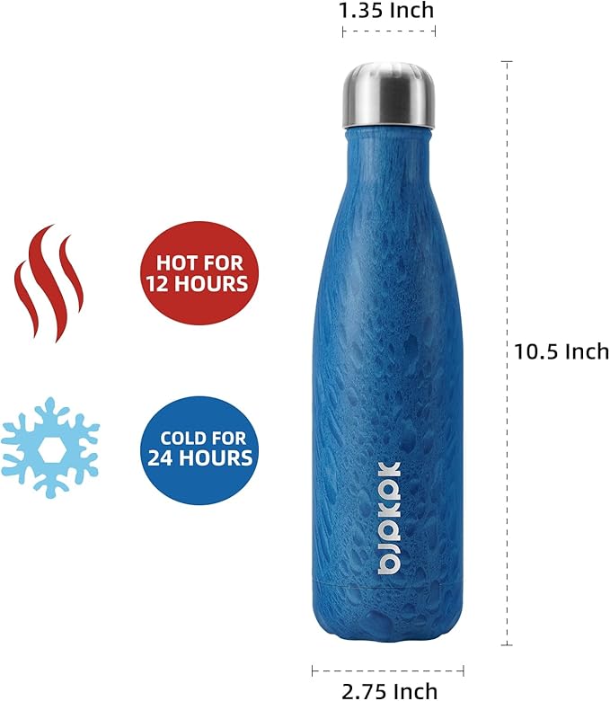 BJPKPK Insulated Water Bottles -17oz/500ml -Stainless Steel Water Bottles,Sports Water Bottles Keep Cold for 24 Hours and Hot for 12 Hours,BPA Free Water Bottle,wood-Ice Blue
