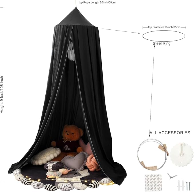 Bed Canopy for Boys Girls,Crib Canopy Curtains,Extra Large Dome Mosquito Net Reading Nook Canopy for Kids Boys Twin Full Queen Size Bed,Fire Retardant Fabric (Black)