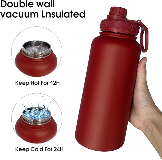 32oz Insulated Water Bottle ,Stainless Steel Sports Water Cup Flask with 2 Lids, Wide Mouth Travel Thermal Mug,Outdoor Sports Bottle(Deep red)