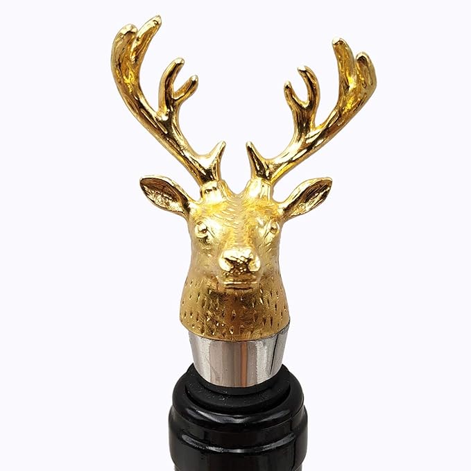 Wine and Beverage Bottle Stopper,Funny Deer Decoratice wine stopper with Shiny Gold Finish, Reusable Food-Grade Zinc Alloy, Silicone wine stopper with Gift Box