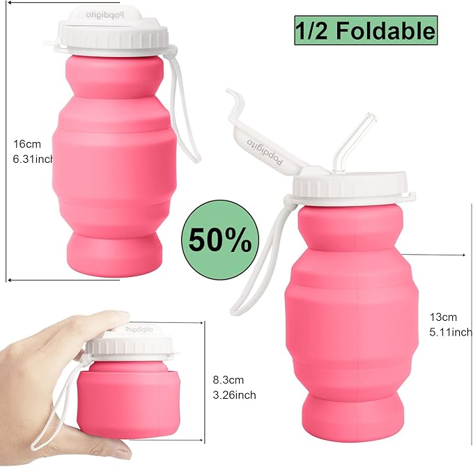 Collapsible Water Bottles,BPA-Free Leak-Proof Silicone Foldable Water Bottle Cup 20.6oz,Durable Lightweight Bottle for Gym Travel Camping Hiking Running (Type2 pink little 320ml)