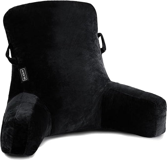 SLIGUY Reading Pillow Standard Bed Pillow for Sitting in Bed Couch or Floor-Backrest with Arms Support and Pockets, Adult Back Pillow Bed Chair for Bed Rest, Reading, Watching TV, Gaming, Black