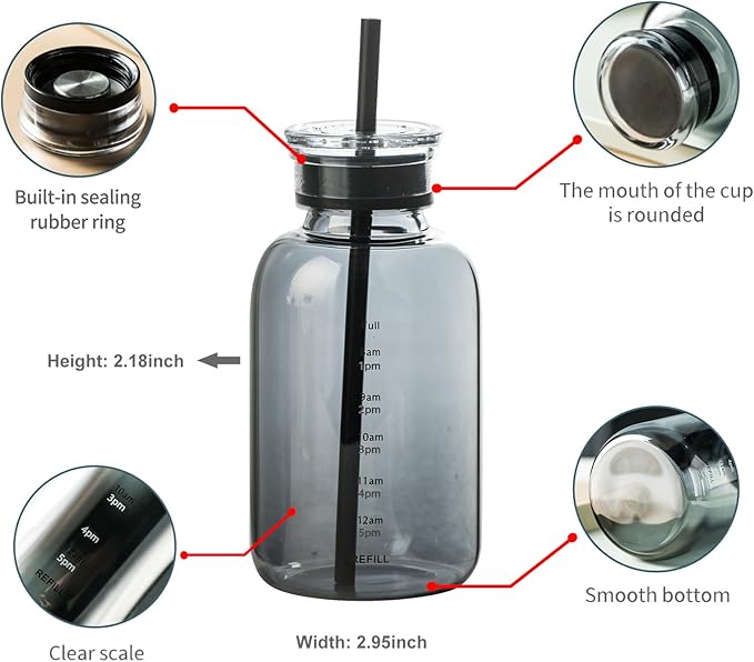 Glass water bottle With Time Marker -15oz with 2 caps and straw,Reusable Glass Drinking Bottles,Suitable For Drinks, Juices, Sodas, Coke, As Gifts Etc (Smoky 15oz)