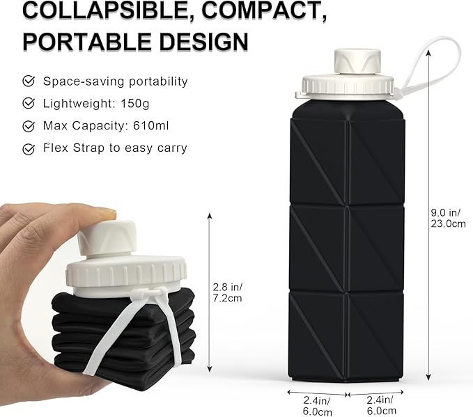 Collapsible Water Bottles, Silicone Foldable Portable Water Bottle 610ml, Lightweight Reusable Leakproof for Sports and Outdoor, 1 Pack (Black)