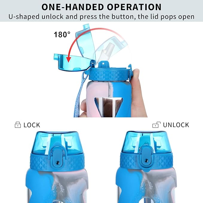 Glass Water Bottles with Straw and Flip Lid, Motivational Water Bottles with Time Marker Reminder and Silicone Sleeve, Leakproof, BPA Free (32 oz, Blue Grey & Pink)