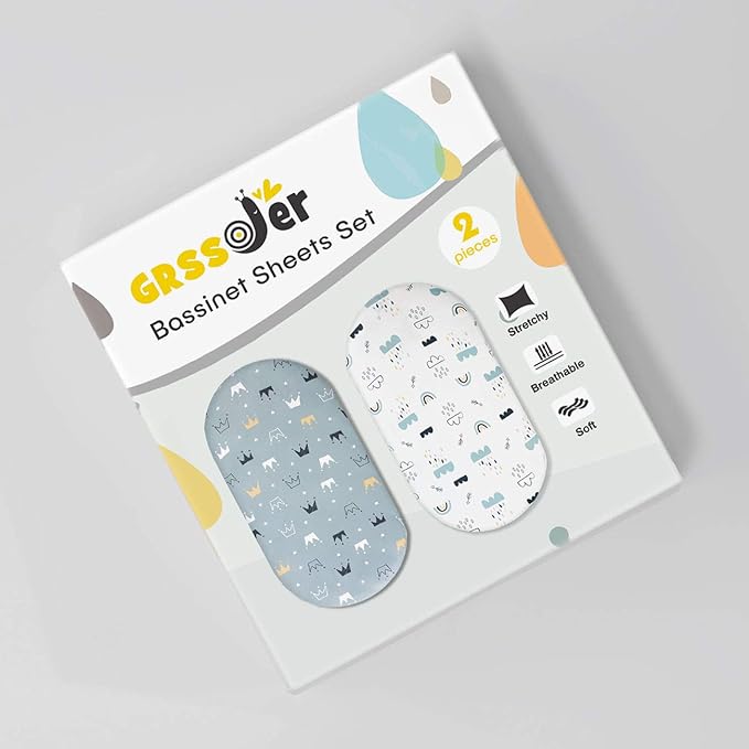 Stretchy Ultra Soft Bassinet Sheet Set 2 Pack, Universal Cradle Sheet for Rectangle, Oval, or Hourglass Bassinet Pad/Mattress, Crown and Cloud Bassinet Sheets for Baby Girl and Boy