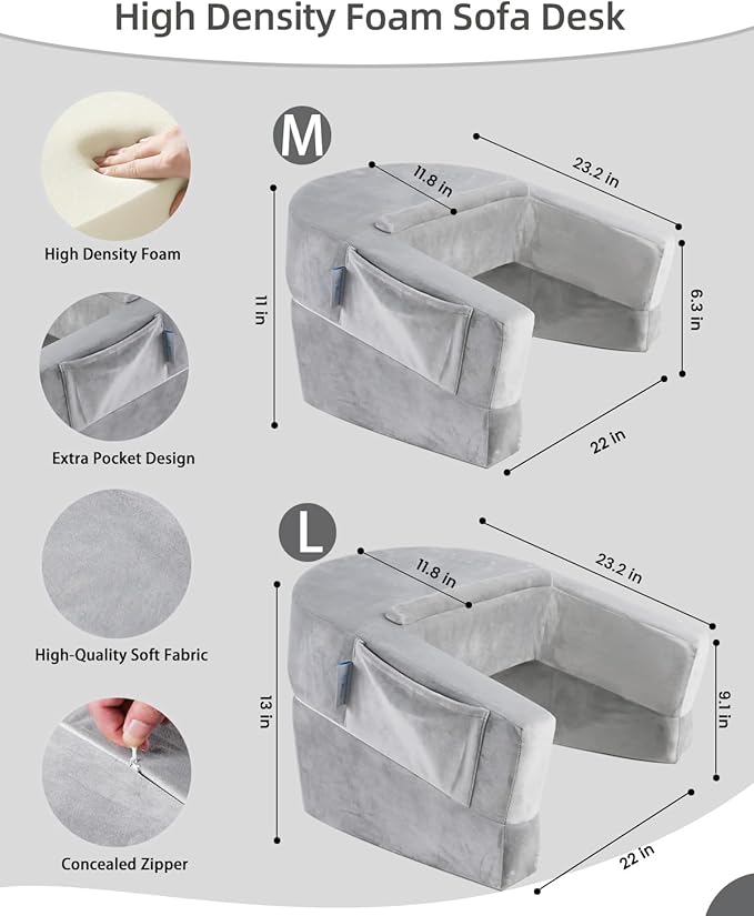 Weighted Idea Reading Pillow for Gaming, Extra Large Arm Rest Pillow for Adult,Lap Desk Pillow Gaming Pillow with 2 Side Pockets for Gaming, Reading, Working Sitting in Bed Floor Sofa (Grey)