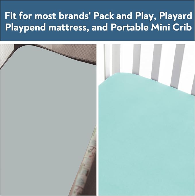 Waterproof Pack and Play Sheets Fitted 2 Pack, Compatible with Graco Pack n Play Sheets 38" X 26" Fits for Baby Playpen/Playard Mattress, Mini Crib Sheets for Boys or Girls, Grey & Aqua Blue