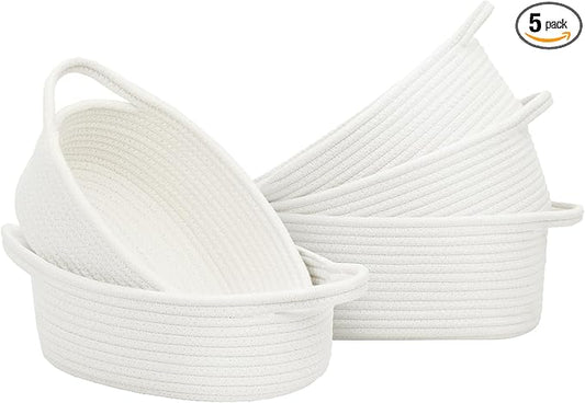 Small Woven Basket with Handles, 5 Pack Cotton Rope Room Shelf Storage Basket for Organizing Small Round Basket Baby Nursery Bins, White (Off White)