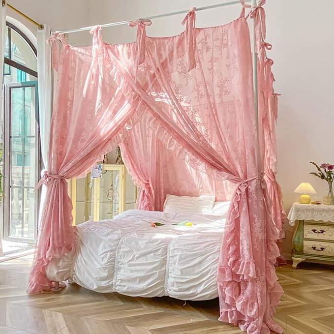 Mengersi Canopy Bed Curtains with Tie Backs,Princess Bed Canopy Curtains Bed Drapes Sheer Curtains for Bedroom Decor(Full,Pink