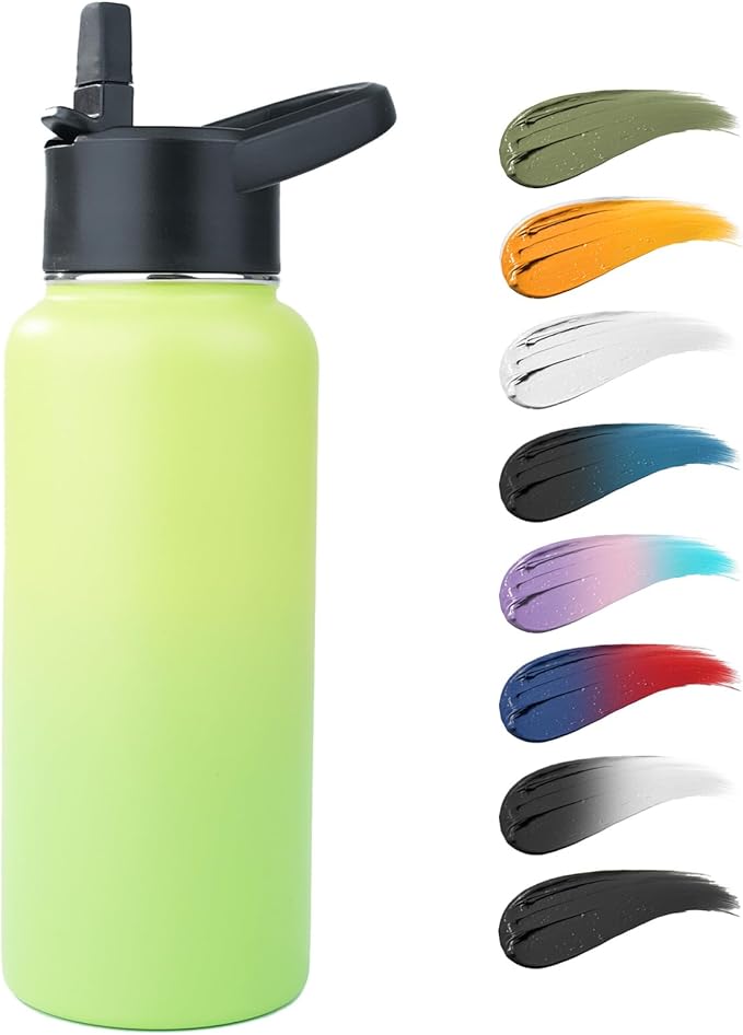 Stainless Steel Water bottle with Straw & Wide Mouth Lid, Wide Rotating Handle, 40oz Double Wall Vacuum Insulated Water Bottle Leak Proof, BPA Free, Keep Cold and Hot, 40oz, Green Gradient