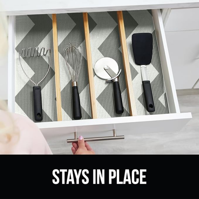Gorilla Grip powerGRIP Drawer Shelf and Cabinet Liner, Thick Strong Hold, Non-Adhesive Liners Protect Kitchen Cabinets and Cupboard, Bathroom Drawers, Easy Install, Breathable Mat, 17.5"x10', Chevron