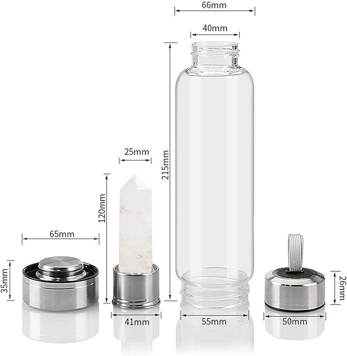 Crystal Glass Water Bottle Energy Quartz Gemstone Water Bottle with Changeable Natural Crystal Center for Healing and Wellness
