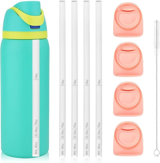 4pcs Pink Replacement Mouth Gasket Stopper for Owala FreeSip 19/24/25/32/40oz Cap, with 1 Brush & 4pcs White Straws with Scale, Water Bottle Lid Top Plug Rubber Seal Part Accessories
