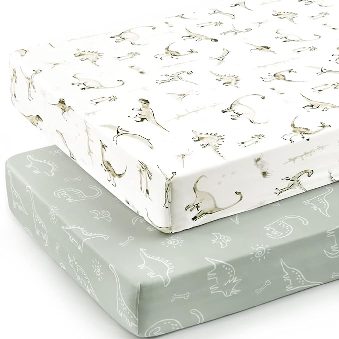 GRSSDER Stretch Ultra Soft Jersey Knit Fitted Crib Sheets Set 2 Pack,Fit All Standard Crib Mattress Pads Safe and Snug, Crib Fitted Sheet for Baby, Dinosaur