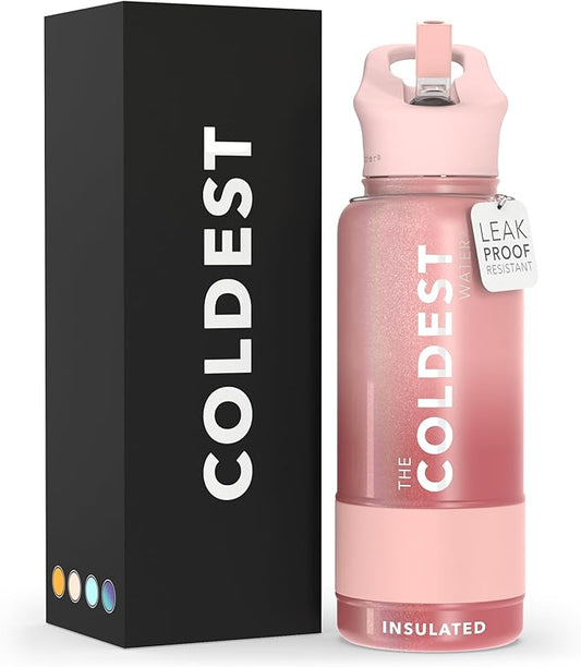 Coldest Sports Water Bottle with Straw Lid Vacuum Insulated Stainless Steel Metal Thermos Bottles Reusable Leak Proof Flask for Sports Gym (32 oz, Bellatrix Pink)