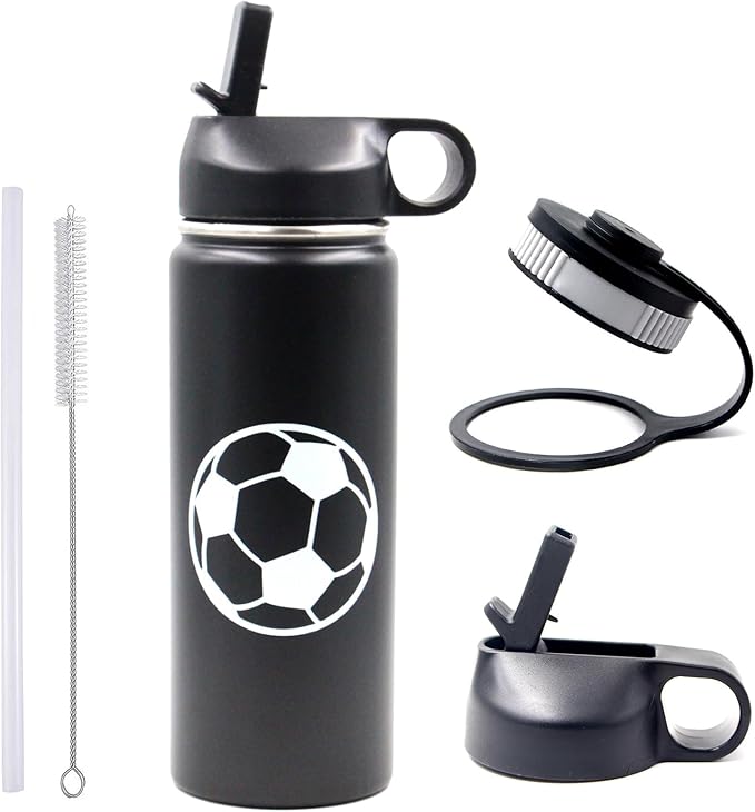 18 oz Soccer Water Bottle, Wide Mouth Travel Sports Flask with 2 Lids(Straw Lid+Flex Cap)BPA Free 18/8 Stainless Steel Double Wall Vacuum Insulated Water Bottles (18oz, Soccer)