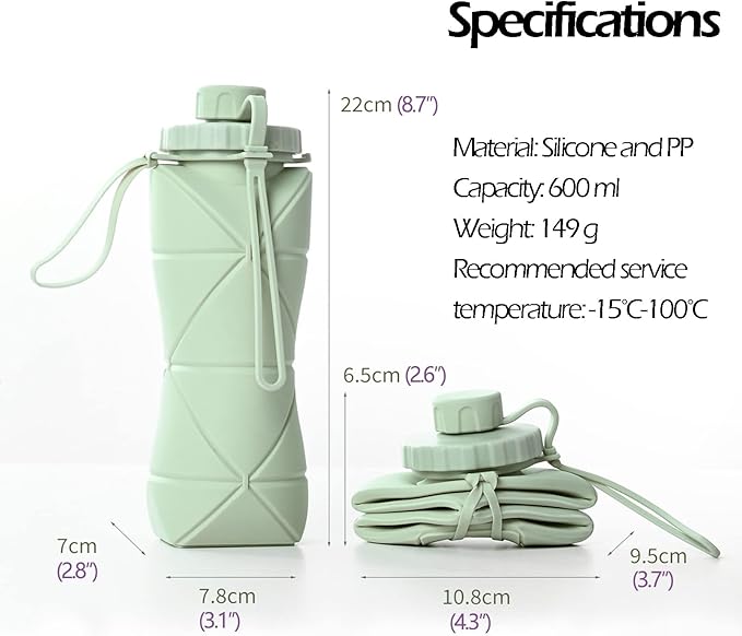 Collapsible Water Bottle, Silicone Foldable Water Bottles For Travel, Easy-To-Carry Design And Compact Size, BPA Free, 20 oz (2PC, Green & Green)