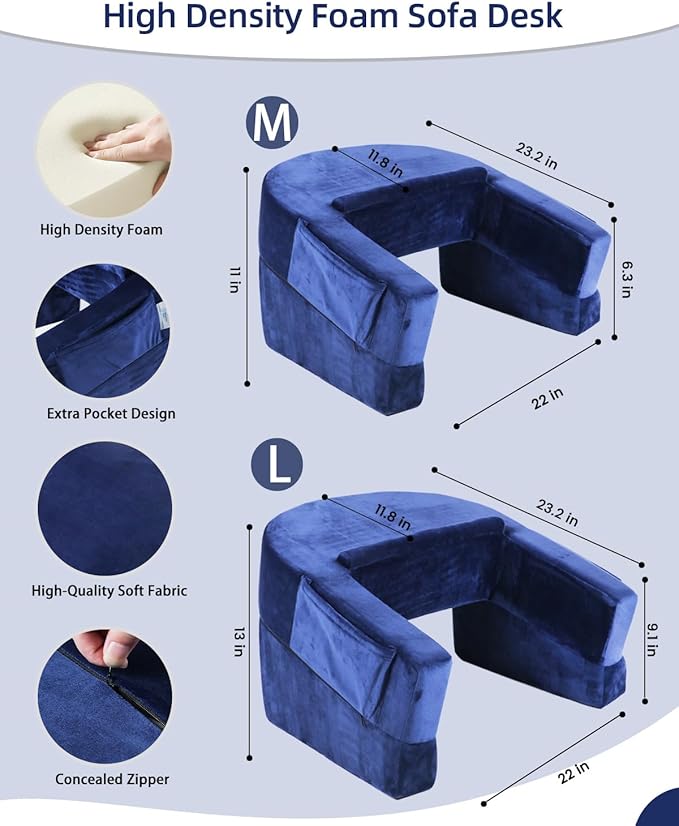 Weighted Idea Reading Pillow for Gaming, Extra Large Arm Rest Pillow for Adult,Lap Desk Pillow Gaming Pillow with 2 Side Pockets for Gaming, Reading, Working Sitting in Bed Floor Sofa (Blue)