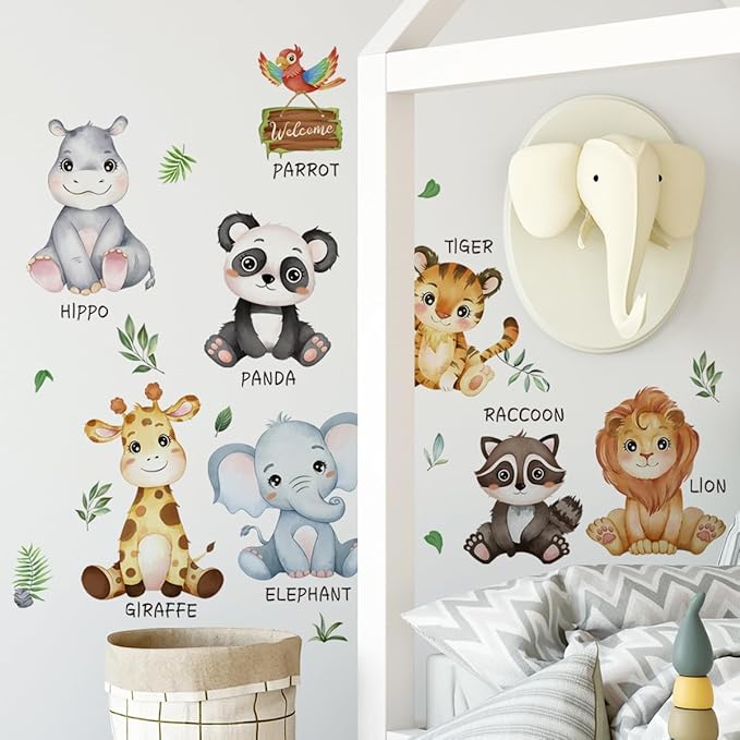 Baby Animal Wall Stickers Panda Lion Giraffe Wall Decals Premium Vinyl Jungle Animal Wall Decals for Nursery Living Room TV Sofa Background Bedroom Kids Room