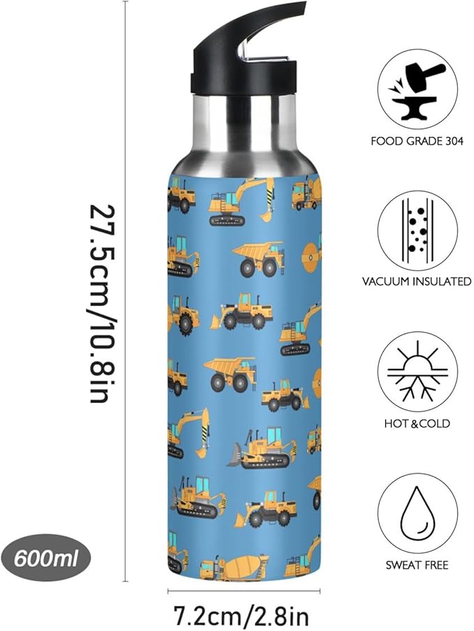 Excavator Concrete Mixer Stainless Steel Water Bottle with Straw Lid - 20 Oz Sports Insulated Water Bottle Thermos for Sport Gym Outdoor Travel School