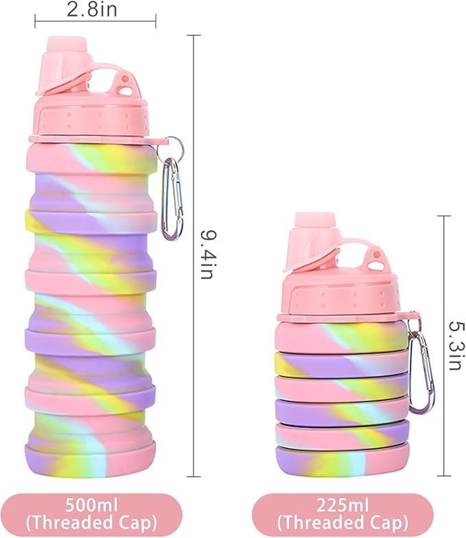 Collapsible Water Bottles Two Pack Travel Sports Portable Sport Water Bottle comes with mountaineering Buckle 500ml silicone Water-proof camping water bottle (Blue camouflage+Pink camouflage)