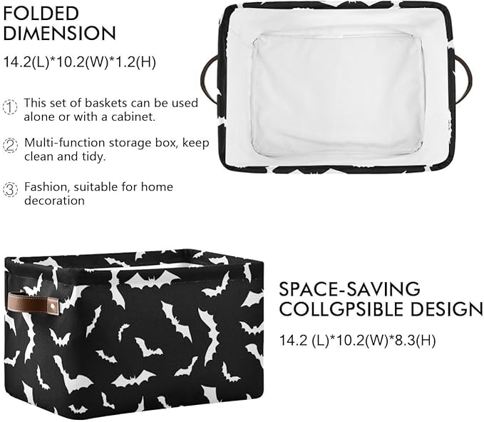 Halloween Black Bat Storage Basket Fabric Kitchen Baskets Spooky Happy Halloween Open Home Storage Bins Boxes Foldable Organizer Bag for Baby Cloth Pet Toy Book Shelf Closet Baskets 16×12×8 Inches