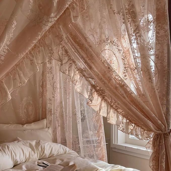 Elegant Lace Princess 4 Corner Post Mosquito Net Romantic for Girls Women Bed Curtain Canopy for Adult Wedding Bedroom Kids Rooms Decoration (Color-B, Full)