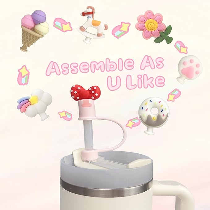 Straw Cover for Stanley Cup for Simple Moder 40 oz Trek, 10mm Silicone Straw Cap with 7Pcs Detachable Cute Charms, Dust Proof Topper Stopper Accessories for 0.4inch/10mm Straws Sweet Dream