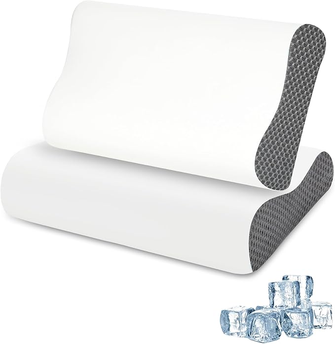 2 Pack Memory Foam Cooling Bed Pillows for Sleeping, Ergonomic Cervical Pillow for Neck and Shoulder Pain Relief, Adjustable Cold Pillow Set of 2,with Pillowcase (Grey)