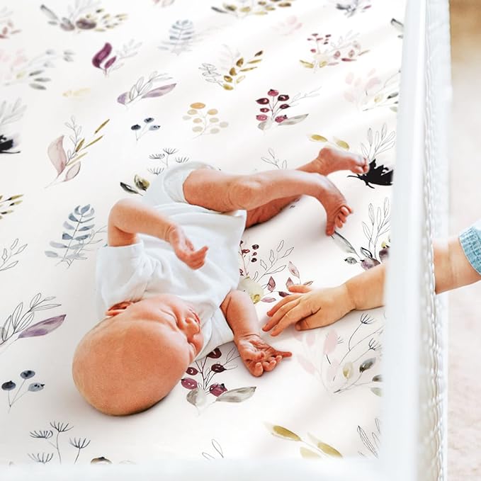 GRSSDER Stretchy Ultra Soft Jersey Knit Fitted Crib Sheets Set 2 Pack,Fits All Standard Crib Mattress Pads Safe and Snug, Pretty Purple Flora Botanical for Baby Girls