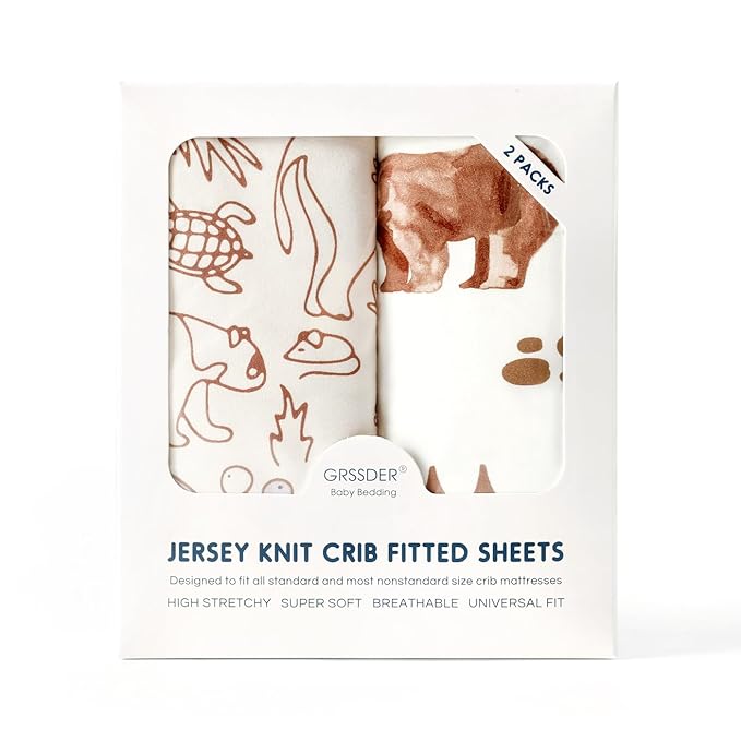 Stretchy Ultra Soft Jersey Knit Fitted Crib Sheets Set 2 Pack,Universal Fit All Standard Crib Mattress Pads Safe and Snug, Crib Fitted Sheet for Boys and Girls, Cute Animals Print