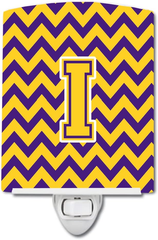 Caroline's Treasures CJ1041-ICNL Letter I Chevron Purple and Gold Ceramic Night Light Compact, UL-Certified, Ideal for Bedroom, Bathroom, Nursery, Hallway, Kitchen, 6x4x3, Multicolor