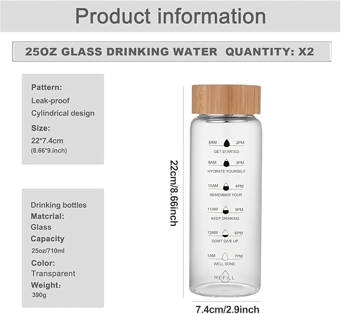 25oz Glass Water Bottle with Time Marker, Leak-Proof,With stainless steel tea strainer, BPA-Free Reusable Hot and Cold Beverages for Office, Gym, Travel(2PCS)