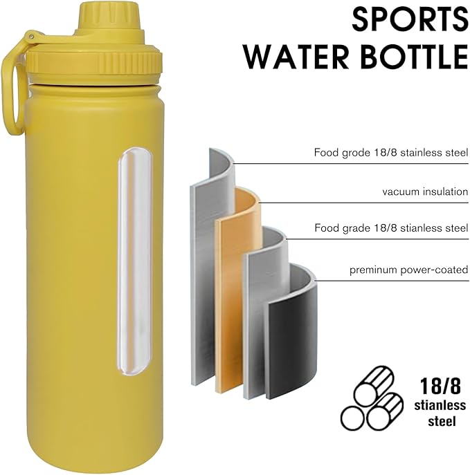 22oz Insulated Water Bottle ,Stainless Steel Sports Water Cup Flask with 2 Lids, Wide Mouth Travel Thermal Mug,Outdoor Sports Bottle(Mango yellow)