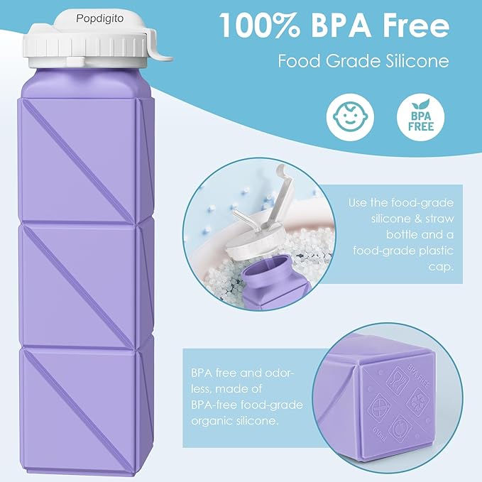 Collapsible Water Bottles 20.7oz Leakproof with Straw Lid Food-Grade BPA-Free Silicone Travel Foldable Water Bottles for Sports Office Gym Hiking Driving 610ML (Type2 Light Purple)