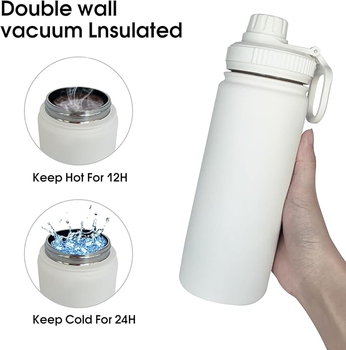 18oz Insulated Water Bottle ,Stainless Steel Sports Water Cup Flask with 2 Lids, Wide Mouth Travel Thermal Mug,Outdoor Sports Bottle(white)
