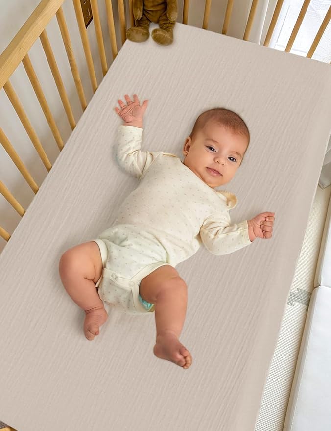 Khaki Pack and Play Sheets, 100% Muslin Cotton Mini Crib Sheets Fitted 39"x27", Soft Breathable Pack N Play Playard Mattress Pad Cover for Boys and Girls (46P-08)