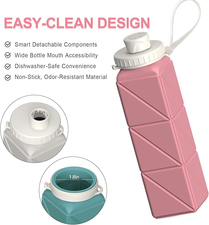 Collapsible Water Bottles, Silicone Foldable Portable Water Bottle 610ml, Lightweight Reusable Leakproof for Sports and Outdoor, 1 Pack (Pink)