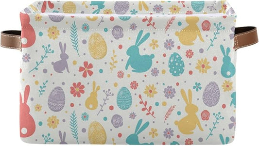 Happy Easter Day Eggs Bunny Storage Basket Fabric Laundry Baskets Easter Rabbit Peeps Spring Flowers Storage Boxes Organizer Bag for Baby Cloth Toy Book Storage Cubes Shelf Closet Bins 16×12×8 Inches