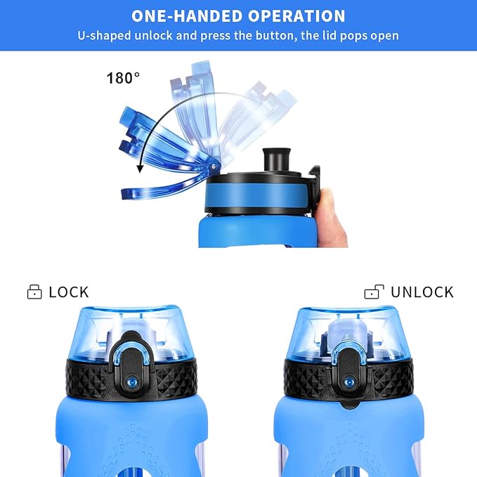 GOPPUS Glass Water Bottles with Straw and Flip Lid, Motivational Water Bottles with Time Marker Reminder and Silicone Sleeve, Leakproof, BPA Free (32 oz, Blue)