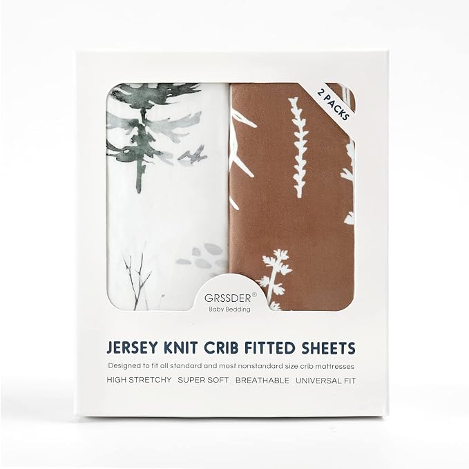 GRSSDER Stretch Ultra Soft Jersey Knit Fitted Crib Sheets Set 2 Pack,Fit All Standard Crib Mattress Pads Safe and Snug, Stylish Pattren of Jungle Animals